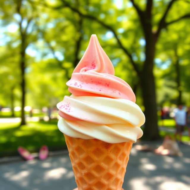 A delicious scoop of waffle cone ice cream in the foreground, vibrantly colored and reflecting the light