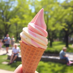 A delicious scoop of waffle cone ice cream in the foreground, vibrantly colored and reflecting the light