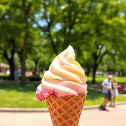 A delicious scoop of waffle cone ice cream in the foreground, vibrantly colored and reflecting the light
