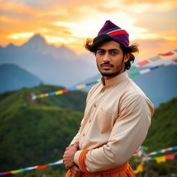 A handsome male model representing the spirit of Nepal, dressed in traditional Nepali attire with a daura suruwal, and a topi, standing majestically with the majestic Himalayas in the background