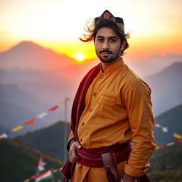 A handsome male model representing the spirit of Nepal, dressed in traditional Nepali attire with a daura suruwal, and a topi, standing majestically with the majestic Himalayas in the background