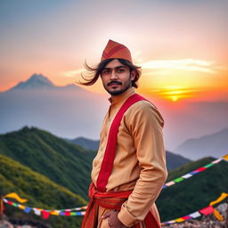 A handsome male model representing the spirit of Nepal, dressed in traditional Nepali attire with a daura suruwal, and a topi, standing majestically with the majestic Himalayas in the background