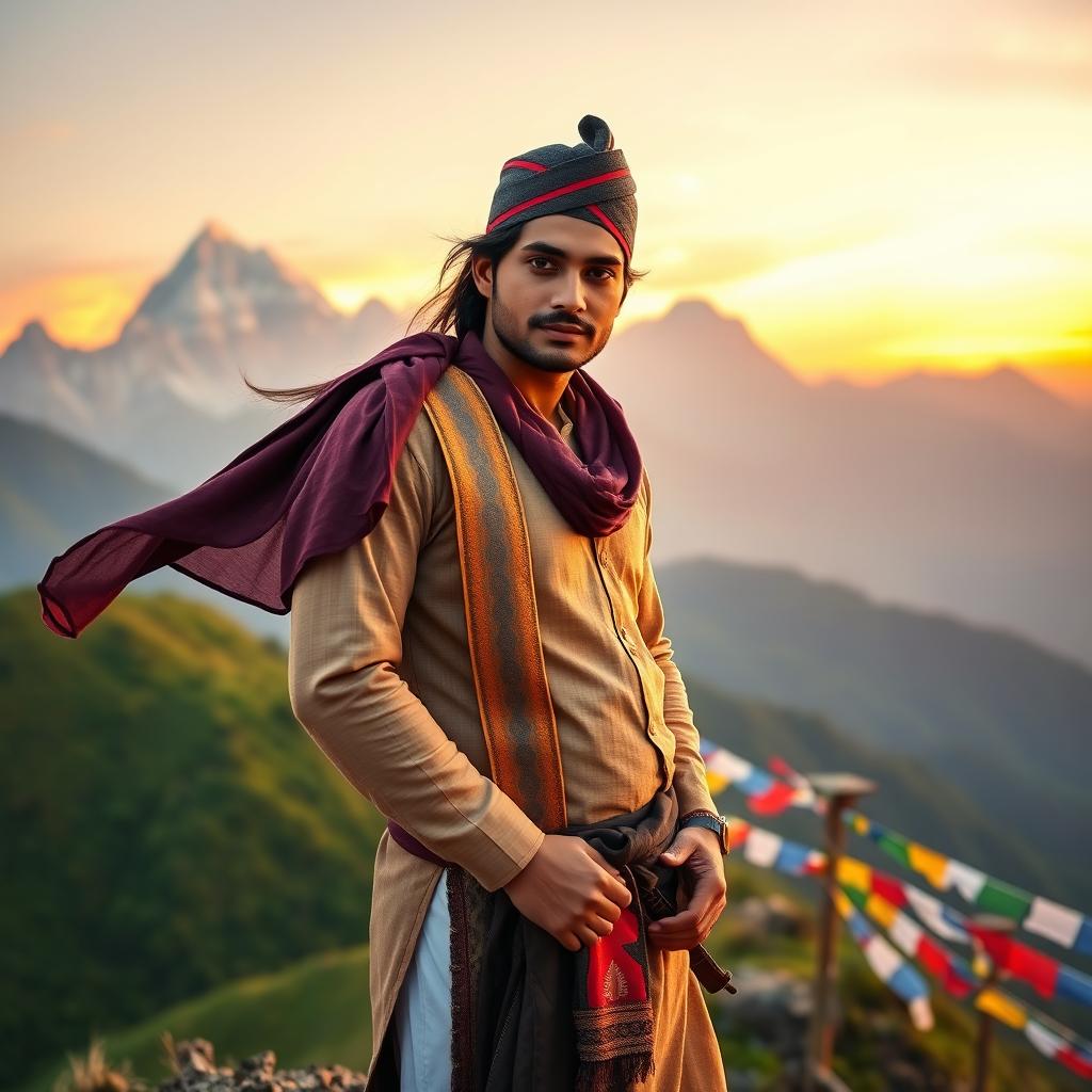 A handsome male model representing the spirit of Nepal, dressed in traditional Nepali attire with a daura suruwal, and a topi, standing majestically with the majestic Himalayas in the background