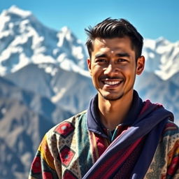 A handsome Nepali man, showcasing traditional Nepali attire with intricate patterns, standing against the backdrop of the majestic Himalayas