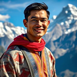 A handsome Nepali man, showcasing traditional Nepali attire with intricate patterns, standing against the backdrop of the majestic Himalayas
