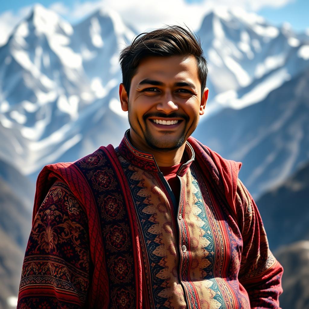 A handsome Nepali man, showcasing traditional Nepali attire with intricate patterns, standing against the backdrop of the majestic Himalayas