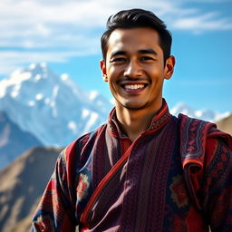 A handsome Nepali man, showcasing traditional Nepali attire with intricate patterns, standing against the backdrop of the majestic Himalayas
