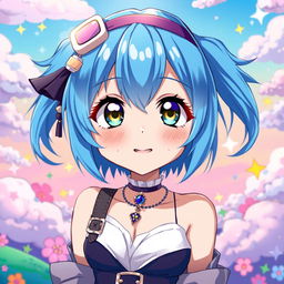 A vibrant digital artwork featuring a blue-haired anime girl with large expressive eyes