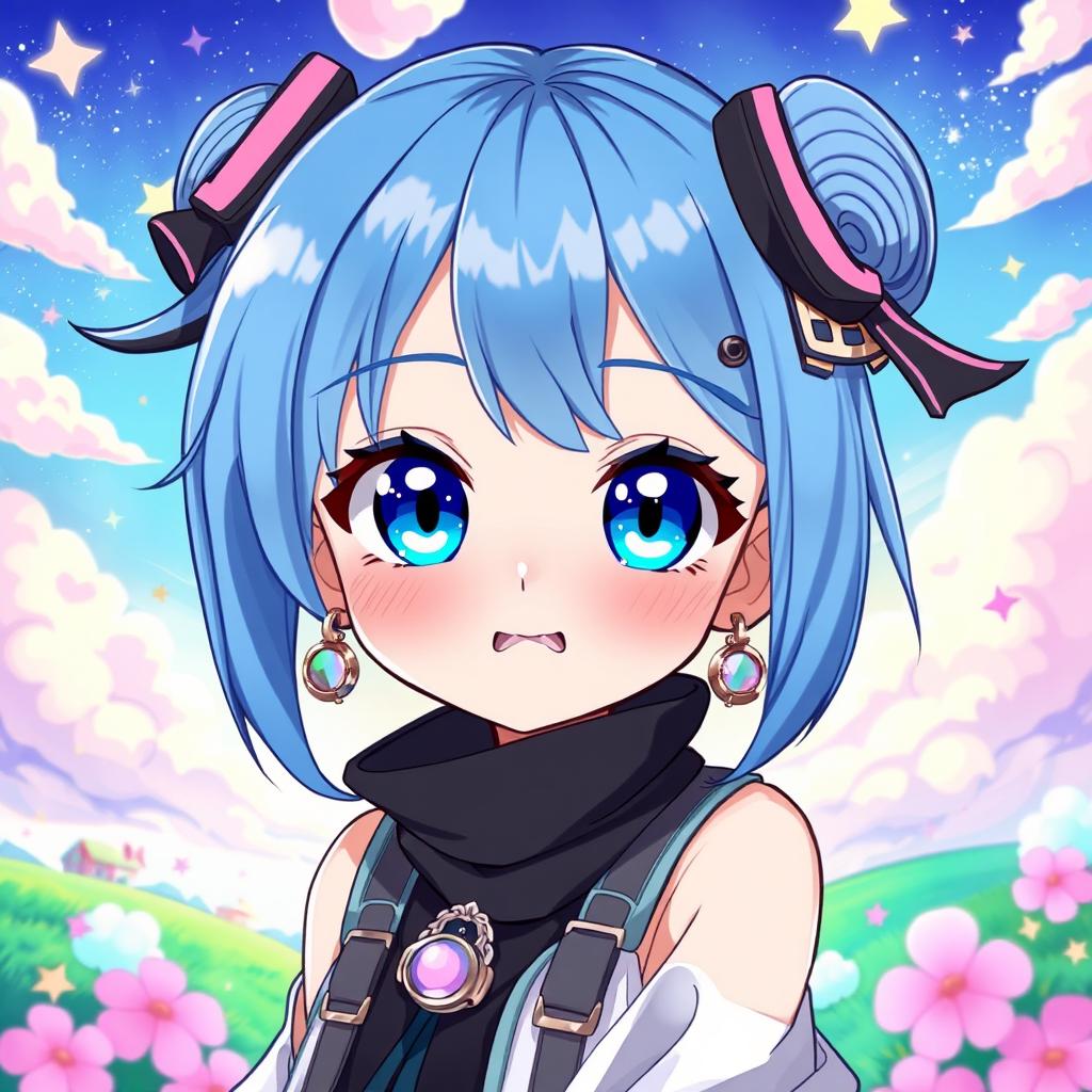 A vibrant digital artwork featuring a blue-haired anime girl with large expressive eyes