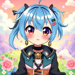 A vibrant digital artwork featuring a blue-haired anime girl with large expressive eyes