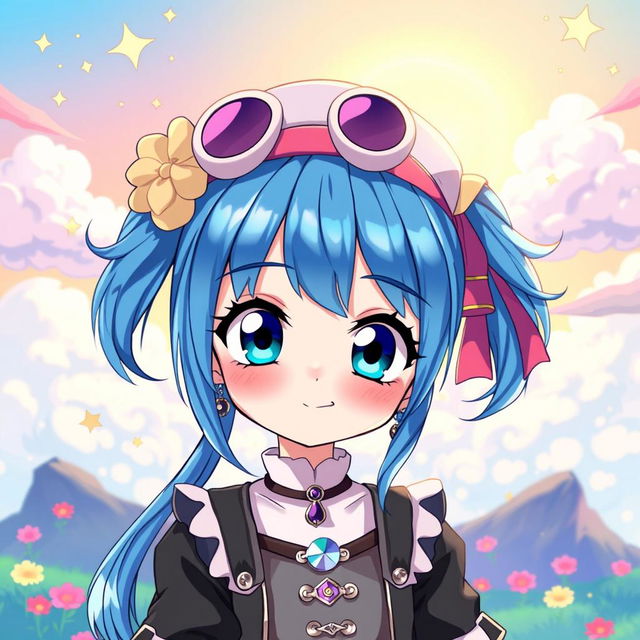 A vibrant digital artwork featuring a blue-haired anime girl with large expressive eyes