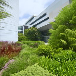 A lush and beautiful horticulture scene in the front of a modern hospital building.