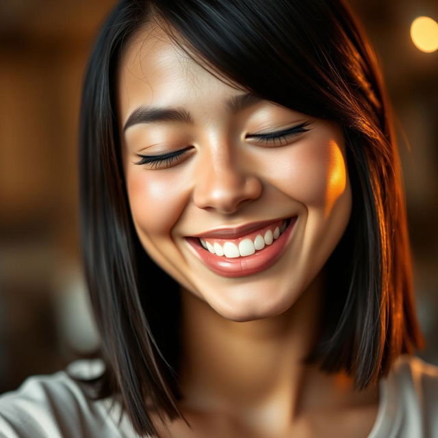 A close-up portrait of a person with a bright smile, their lips forming a perfect smile while their eyes are gently closed in a serene and joyous expression