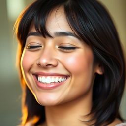 A close-up portrait of a person with a bright smile, their lips forming a perfect smile while their eyes are gently closed in a serene and joyous expression