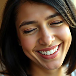 A close-up portrait of a person with a bright smile, their lips forming a perfect smile while their eyes are gently closed in a serene and joyous expression