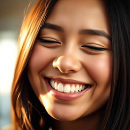 A close-up portrait of a person with a bright smile, their lips forming a perfect smile while their eyes are gently closed in a serene and joyous expression