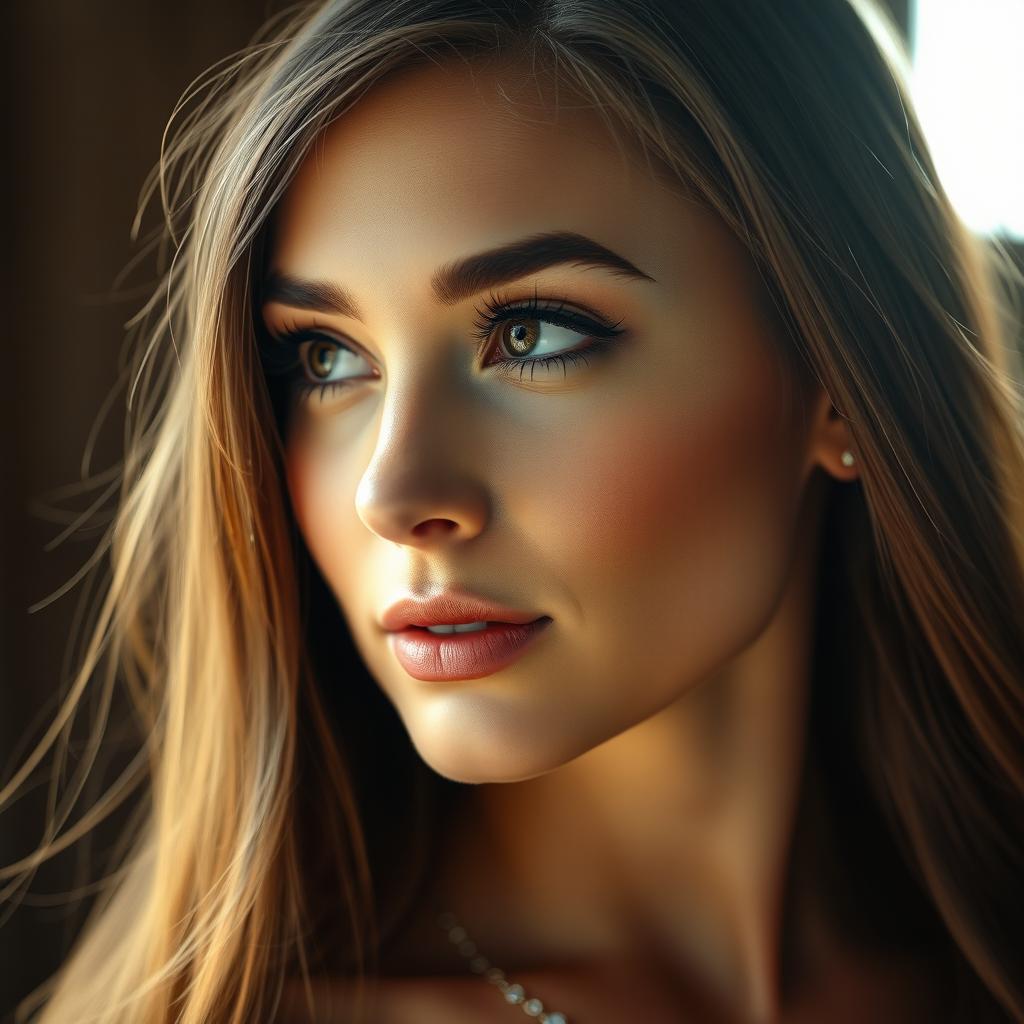 A close-up portrait of a beautiful woman with striking features and long flowing hair, her eyes gazing towards the right side