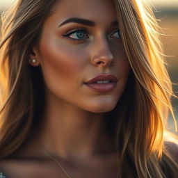 A close-up portrait of a beautiful woman with striking features and long flowing hair, her eyes gazing towards the right side