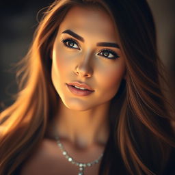 A close-up portrait of a beautiful woman with striking features and long flowing hair, her eyes gazing towards the right side