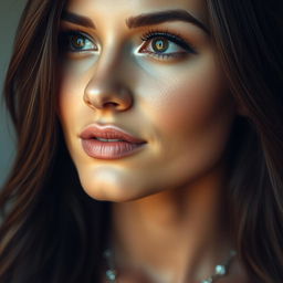A close-up portrait of a beautiful woman with striking features and long flowing hair, her eyes gazing towards the right side