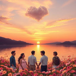 A serene landscape featuring a beautiful sunset over a calm lake, with soft ripples reflecting warm colors of orange, pink, and purple in the sky