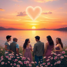 A serene landscape featuring a beautiful sunset over a calm lake, with soft ripples reflecting warm colors of orange, pink, and purple in the sky