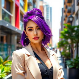 A beautiful young woman with striking purple hair, adorned in a stylish outfit, posing confidently in a sunlit urban environment