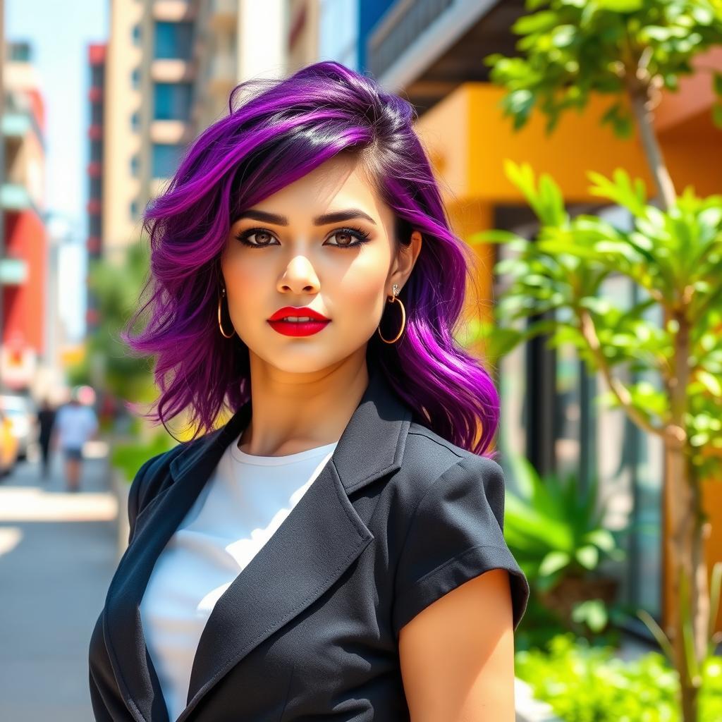 A beautiful young woman with striking purple hair, adorned in a stylish outfit, posing confidently in a sunlit urban environment