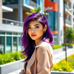A beautiful young woman with striking purple hair, adorned in a stylish outfit, posing confidently in a sunlit urban environment