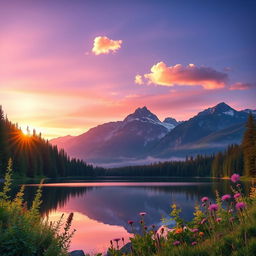 A stunning, high-resolution digital wallpaper featuring an ethereal landscape at sunset