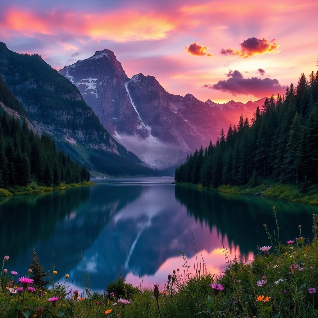 A stunning, high-resolution digital wallpaper featuring an ethereal landscape at sunset