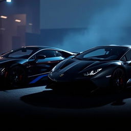 A sleek black BMW i7 and a stylish Lamborghini Revuelto parked side by side in a dark, moody environment