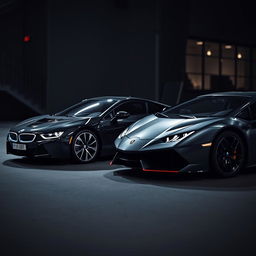 A sleek black BMW i7 and a stylish Lamborghini Revuelto parked side by side in a dark, moody environment