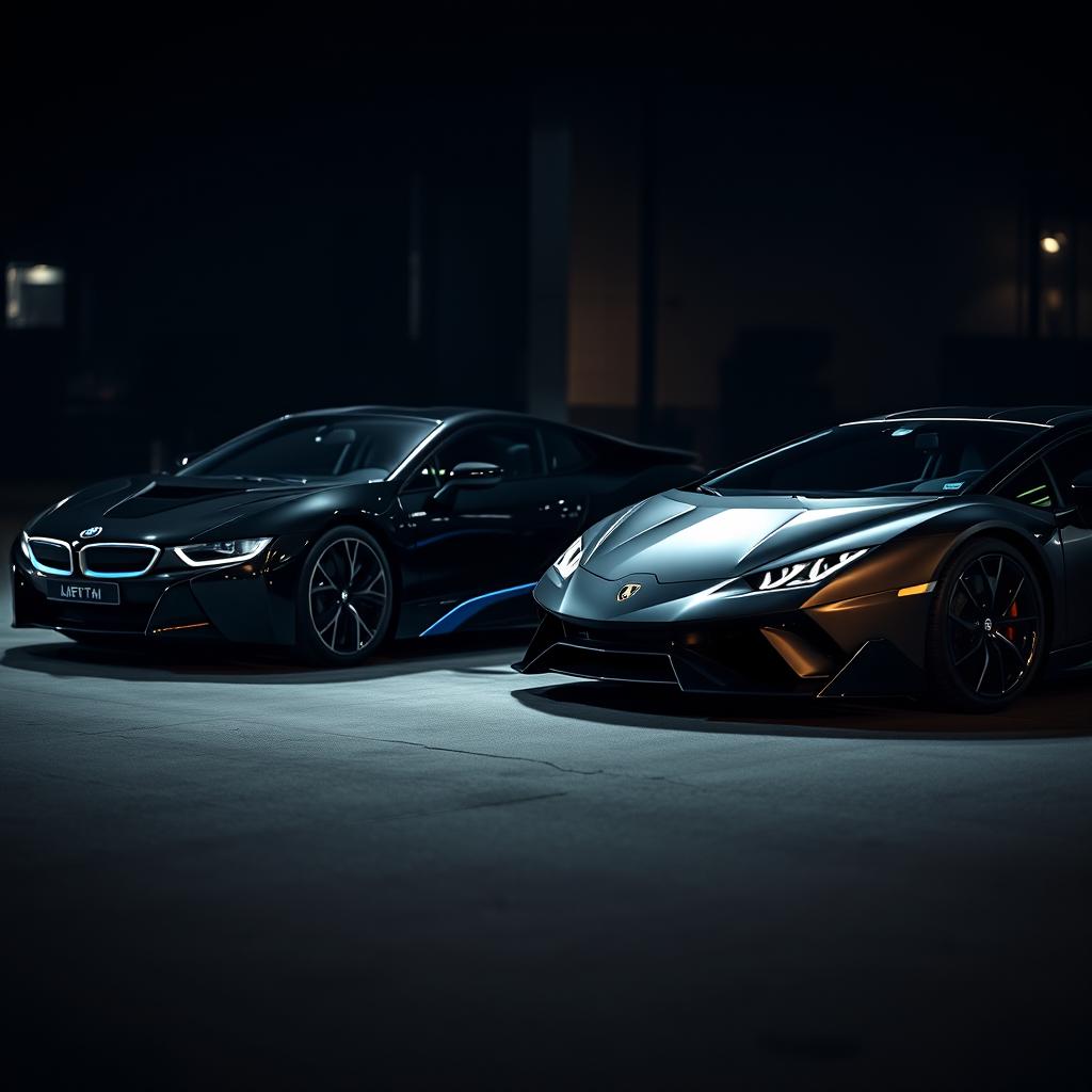 A sleek black BMW i7 and a stylish Lamborghini Revuelto parked side by side in a dark, moody environment