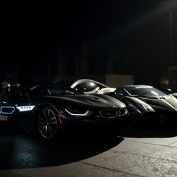 A sleek black BMW i7 and a stylish Lamborghini Revuelto parked side by side in a dark, moody environment