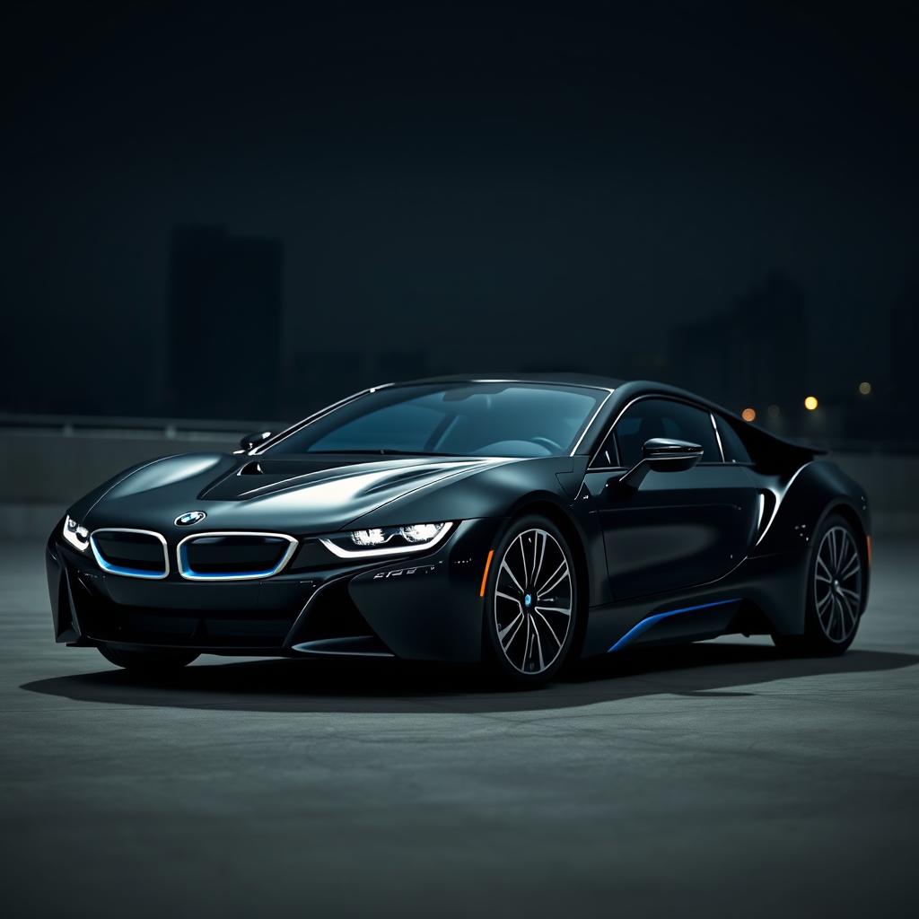 A sleek BMW i9 in a stunning black color, parked in a dark, moody environment