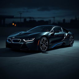 A sleek BMW i9 in a stunning black color, parked in a dark, moody environment