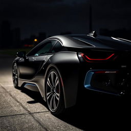 A sleek BMW i9 in a stunning black color, parked in a dark, moody environment