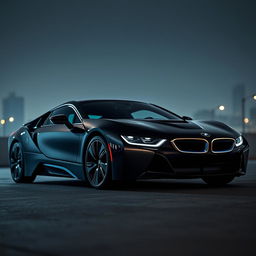A sleek BMW i9 in a stunning black color, parked in a dark, moody environment