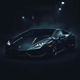 A sleek black Lamborghini Revuelto positioned dramatically in a dark, atmospheric environment