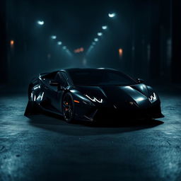A sleek black Lamborghini Revuelto positioned dramatically in a dark, atmospheric environment