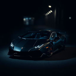 A sleek black Lamborghini Revuelto positioned dramatically in a dark, atmospheric environment