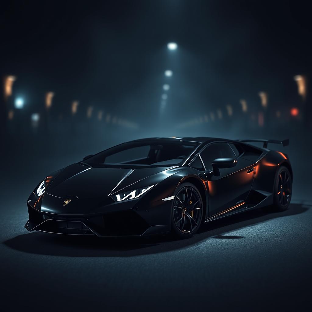 A sleek black Lamborghini Revuelto positioned dramatically in a dark, atmospheric environment