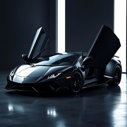 A sleek black Lamborghini Revuelto, showcased in a dark, moody environment