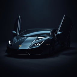 A sleek black Lamborghini Revuelto, showcased in a dark, moody environment
