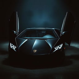 A sleek black Lamborghini Revuelto, showcased in a dark, moody environment