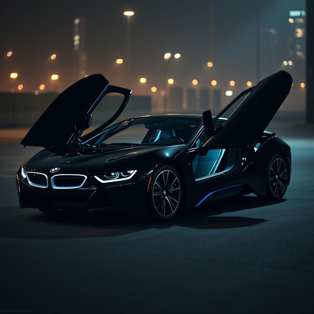A sleek black BMW i9 parked in a dark, moody environment, exuding an aura of sophistication and power