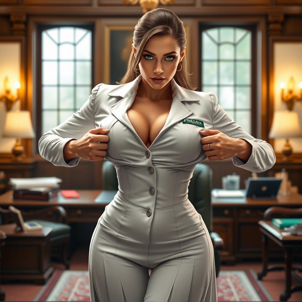 Principal Vanessa, a tall and voluptuous woman, steps out from behind the desk in a prestigious setting, wearing a tight, pleated uniform from Ursu'lla Academy