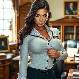 Principal Vanessa, a tall and voluptuous woman, steps out from behind the desk in a prestigious setting, wearing a tight, pleated uniform from Ursu'lla Academy