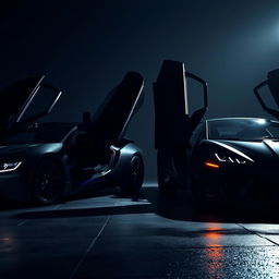 A stunning shot of a BMW i9 and Lamborghini Revuelto parked side by side in a dark, atmospheric environment